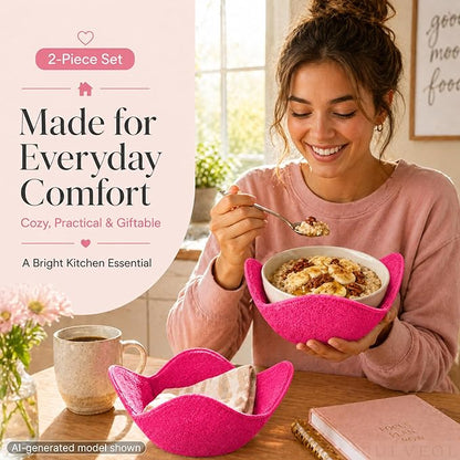 Set 2X Pink 7" sq. x 4" H Inch Microwave Bowl Cloth Hot Pads Pot Holders Polyester Microwavable Bowl Cozies for Food, Ooma, Ramen Bowls Cozy or Soup Koozie, Good Kitchen Accessories, Gadgets