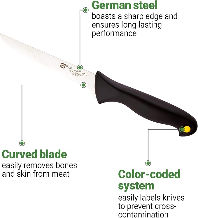 Restaurantware Sensei 6 Inch Boning Knife 1 With Colored Coded Pins Fillet Knife - High-Carbon Stain-Resistant Black German Steel Knife For Fish Ergonomic Handle For Fish Vegetables Or Entrees