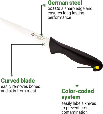 Restaurantware Sensei 6 Inch Boning Knife 1 With Colored Coded Pins Fillet Knife - High-Carbon Stain-Resistant Black German Steel Knife For Fish Ergonomic Handle For Fish Vegetables Or Entrees