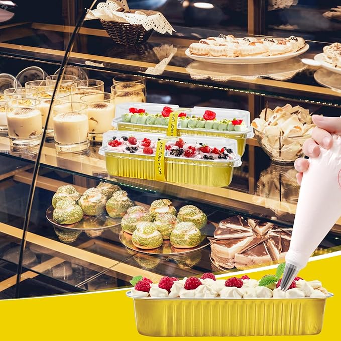 200Pack Gold Mini Cake Pans Disposable Mini Loaf Pans with Lids and Spoons and Stickers, 6.8Oz Aluminum Foil Pans Tins, Individual Dessert Cups Containers for Sales,Party,Picnics