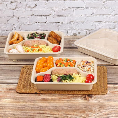 Sugarcane Fiber 37 oz 4 Compartments disposable plates with Lids Bagasse Plant Fibers Freezer Safe 25 Pack