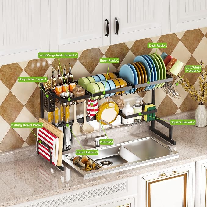 PUSDON Over Sink Dish Drying Rack Stainless Steel, Adjustable Large Dish Drainer for Storage Kitchen Organization Black 2 Tier - Standard(26"-38")