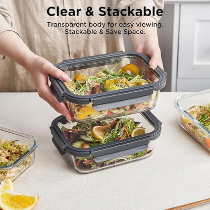 Glass Food Storage Containers with Glass Lids, 4 Pack Meal Prep Container with Airtight Lids, Microwave Safe Food Container Set, BPA Free, LeakProof, Ideal for Lunch