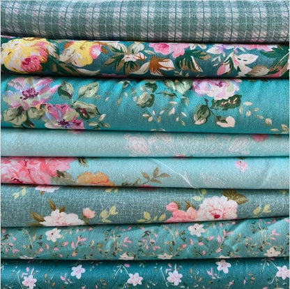 8PCS 9.8" x 9.8"(25 * 25CM) Quilting Fat Quarters Fabric Bundles, for Sewing Crafting,Print Floral Striped Polka Dot 100% Cotton Gingham Fabric (Blue Green Flowers, 25 * 25cm)