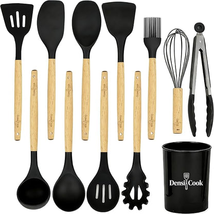 Silicone Cooking Utensils Set - 446°F Heat Resistant Silicone Kitchen Utensils Set, Spatula,Turner Tongs, Spoon, Whisk,Kitchen Gadgets for Nonstick Cookware, BPA Free（Black）