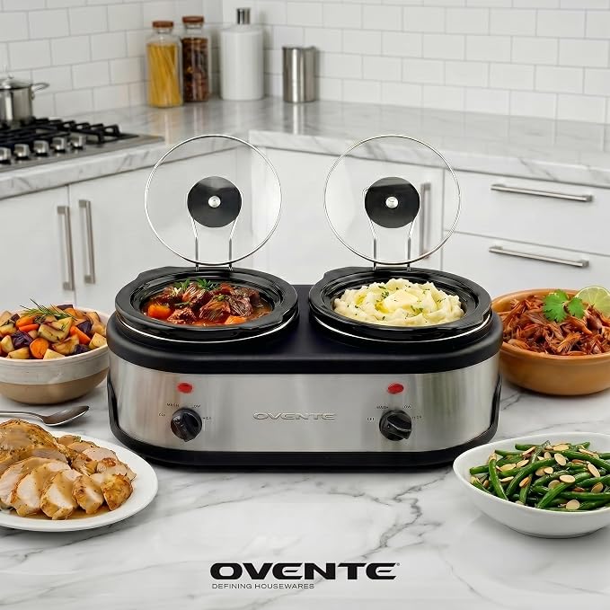 OVENTE Double Slow Cooker, Buffet Server and Warmer with Two 1.5Qt Removable Ceramic Pot, Adjustable Temperature Control and Tempered Glass Lid for Parties, Gatherings and Holidays, Silver SLO215BR