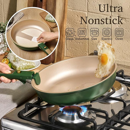 CAROTE Green&Gold Nonstick Cookware Set,15Pcs Pots and Pans Set Non Stick Detachable/Removable Handle,Kitchen Cooking Set Dishwasher Safe, RV Kitchen Pot and Pan, Induction Cookware