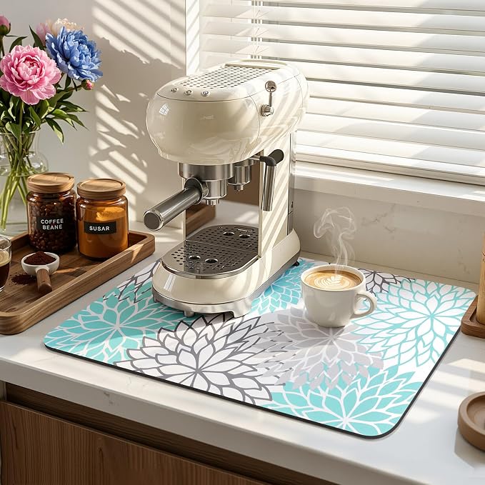 Findosom 2PCS 16" x 24" Dish Drying Mat & 24" x 5.5" Sink Splash Guard, Super Absorbent & Cuttable Dish Mat Drying Kitchen Mat with Teal Floral, Hide Stain Drying Mat for Kitchen Counter