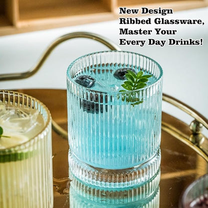 KEMORELA Drinking Glasses Set of 8, Ribbed Glassware, 13 Oz Old Fashioned Whiskey Glass, Vintage Glassware, Origami Style Cocktail Glasses, Clear Bar Glasses for Iced Coffee & Beverages (8PCS)