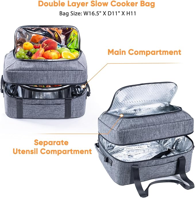 BAGSPRITE Double-Layer Slow Cooker Carrying Bag for 6-8 Quart CrockPot and Hamilton Beach Slow Cookers, Travel Bag with Lid Fastener for Crock-pot, Portable Carrier Case, Grey