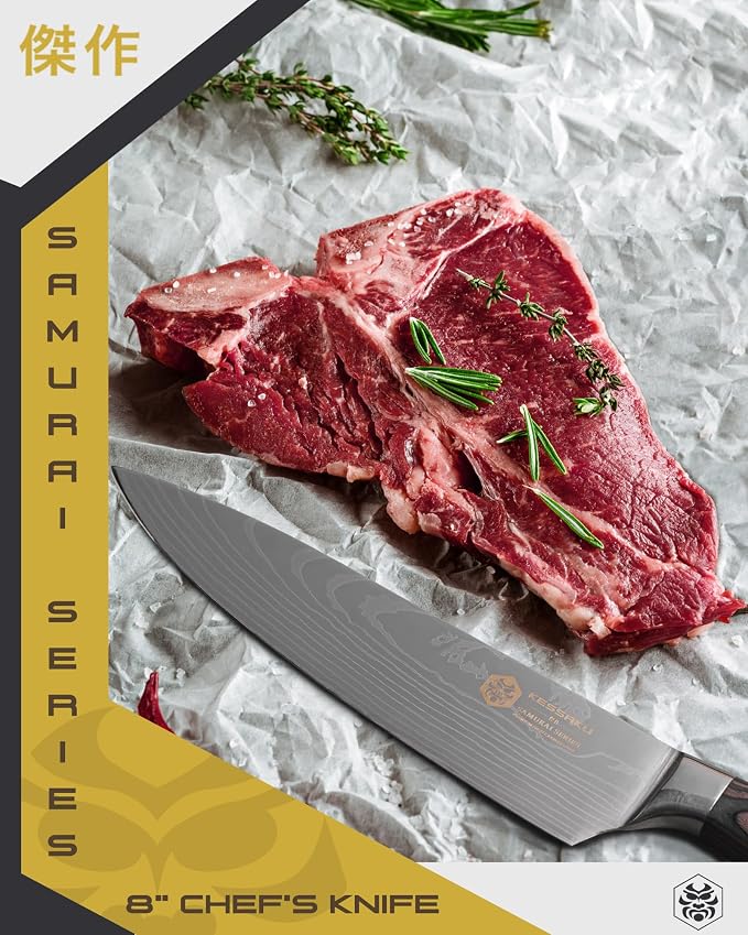 KESSAKU Chef Knife - 8 inch - Samurai Series - Razor Sharp Kitchen Knife - Forged 7Cr17MoV High Carbon Stainless Steel - Wood Handle with Blade Guard