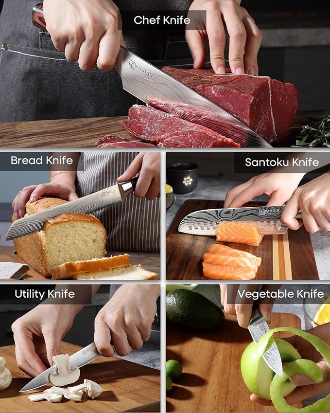 PAUDIN Knife Set, 5PCS Kitchen Knife Set without Block, Stainless Steel Chef Knife Set with Pakkawood Handle, Professional Kitchen Gift Sets for Cooking Lovers & Farther's Day