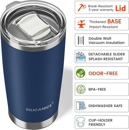 20oz Hygienic Stainless Steel Vacuum Insulated Tumbler w/ Easy-On/Easy-Off Lid - Removable slider, Double Wall 18/8 Travel Mug, BPA-Free, Fits Cup Holders, Premium Quality, Smart Value - Navy Blue