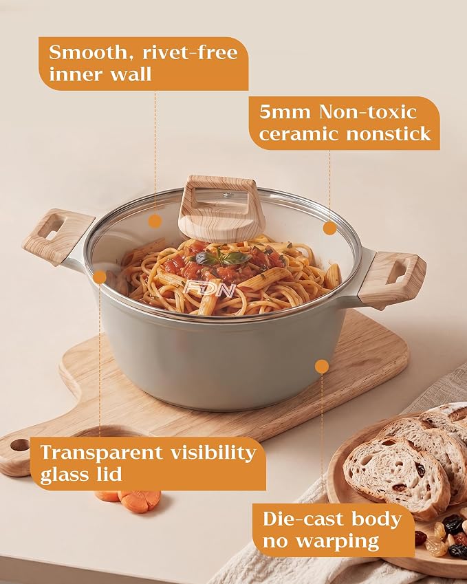 FDN Titanium Ceramic Cooking Pot with Lid, Pfos & Pfoa Free Nonstick Stock Pot, Large Soup Pot, Big Pots for Cooking, Multipurpose Cookware, Ollas Antiadherentes Para Cocinar, Cacerolas, Grey
