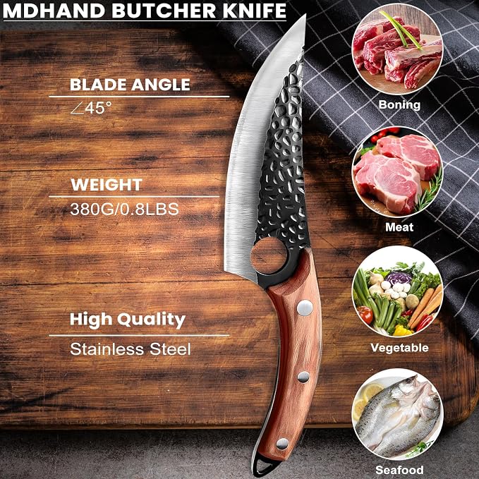 MDHAND Chef Knife - Hand Forged Kitchen Knives, High Carbon Steel Viking Knives, Meat Cutting Knife for Kitchen, Japanese Chef Knives for Camping, BBQ, Hunting, Gifts for Men