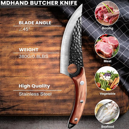MDHAND Chef Knife - Hand Forged Kitchen Knives, High Carbon Steel Viking Knives, Meat Cutting Knife for Kitchen, Japanese Chef Knives for Camping, BBQ, Hunting, Gifts for Men