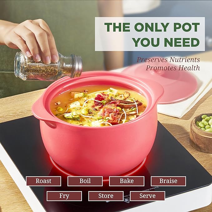 MINH LONG 2-Qt Porcelain Dutch Oven with Lid – Lead & Cadmium Free, Oven Safe to 482°F, Heat Retention, Clay Pot for Cooking on Gas & Infrared Cooktop, Use to Marinate, Cook, Bake, Refrigerate & Serve
