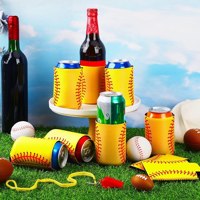 18 Pack Softball Can Cooler Sleeves Beer Drink Can Bottle Cooler Sleeves Cooler Collapsible for Softball Party Birthday Themed Party Decorations Supplies Favors