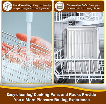 P&P CHEF 16 Inch Baking Sheet Pan with Rack Set, Stainless Steel Cookie Sheet Pan Tray with Cooling Rack for Oven Use, Cooking Roasting, Non Toxic & Dishwasher Safe, Heavy Duty