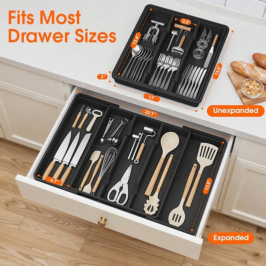 Silverware Organizer, Expandable Utensil Drawer Organizer for Kitchen Drawers, Kitchen Drawer Organizer for Spoons/Forks/Knives, Multipurpose & BPA Free Cutlery Tray, Black, 2 Pack