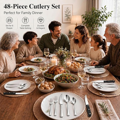 49-Piece Silverware Set with Organizer, Stainless Steel Flatware Utensils Set for 8, Forks and Spoons Silverware Set Cutlery Set with Steak Knives, Dishwasher Safe