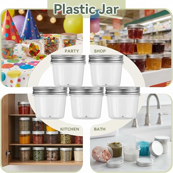 novelinks 4 oz Small Plastic Jars with Lids, 40 Pack Mini Plastic Mason Jars with Lids 4oz, Craft Storage Containers & Canning Jars & Small Spice Jars for Kitchen Organization (40 Pack,Silver)