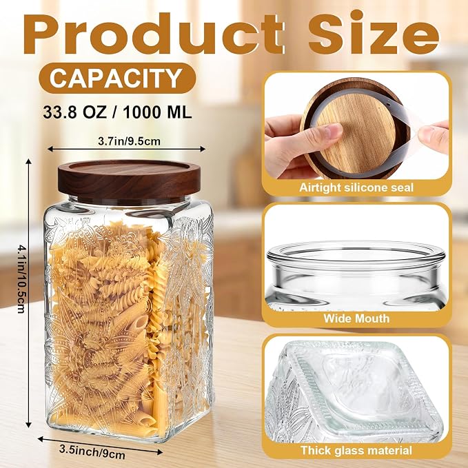 Domensi 6 Pack Vintage Glass Jars with Lids 34 oz Airtight Food Storage Containers Acacia Wood Mason Jar Lids Airtight Pantry Containers for Kitchen Countertop Tea Coffee Spices and Snacks