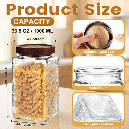 Domensi 6 Pack Vintage Glass Jars with Lids 34 oz Airtight Food Storage Containers Acacia Wood Mason Jar Lids Airtight Pantry Containers for Kitchen Countertop Tea Coffee Spices and Snacks