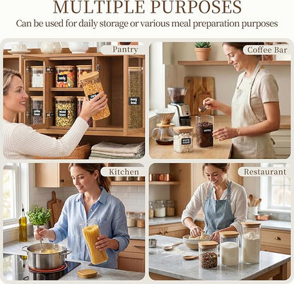 SENTVEND 37 Oz Glass Storage Jars with Bamboo Lids - 6 Pack Clear Glass Canisters Square Airtight Stackable Ideal for Pantry Storage Containers Organizers Great for Storing Oats Coffee Beans Nuts etc