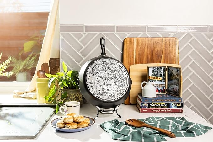 Lodge 12 Inch Cast Iron Skillet – Pre-Seasoned Frying Pan with Teardrop Handle – Oven, Stovetop, Grill & Campfire Use – Made in USA – Non-Toxic, Even-Heating Cookware – Georgia