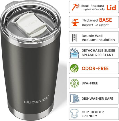 Coffee Tumbler 20 oz, Double Wall Stainless Steel Travel Coffee Mug with Removable Slider Lid, BPA Free, Car Cup Holder Compatible - Gym/Office/Travel/Home - Metal Gray