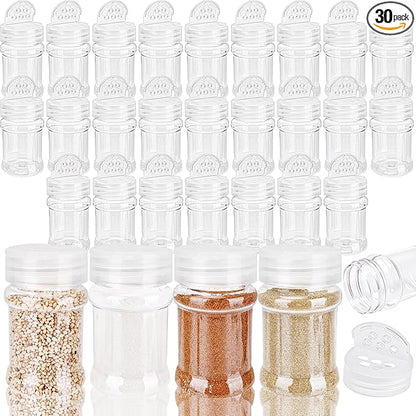 30 Pcs 2 oz Mini Plastic Spice Jars with Sifters Clear Empty Spice Bottles Round Seasoning Containers for Travel Kitchen (Clear Top with 5 Hole)