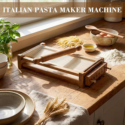 SiliFine Chitarra Cutter Italian Pasta with Rolling Pin Guitar Board Making Tool Pasta Machine for Spaghetti, Lasagna (Wood Color,Acacia Wood)