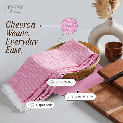 TWINY threads Dish Towel Chevron Weave, Premium 100% Cotton Kitchen Linen Set, Large Dish Rags and Wash Rags, Absorbent Quick Drying, Washable Reusable Dishcloth Set, 4 Pack, 16"x26", Rose Pink