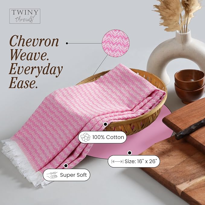 TWINY threads Dish Towel Chevron Weave, Premium 100% Cotton Kitchen Linen Set, Large Dish Rags and Wash Rags, Absorbent Quick Drying, Washable Reusable Dishcloth Set, 12 Pack, 16"x26", Rose Pink