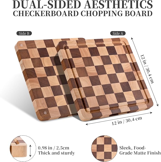 WILLKOMMEN Checkered Cutting Board for Kitchen– Wood Checkerboard End Grain Chopping Board 1" Thick Wooden Butcher Block with Juice Groove & Handle, Reversible for Cooking and Serving (Square)