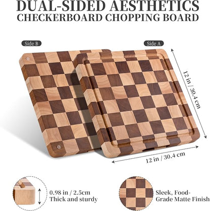 WILLKOMMEN Checkered Cutting Board for Kitchen– Wood Checkerboard End Grain Chopping Board 1" Thick Wooden Butcher Block with Juice Groove & Handle, Reversible for Cooking and Serving (Square)
