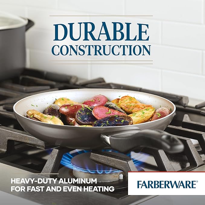 Farberware Dishwasher Safe Aluminum Nonstick Cookware Pots and Pans Set, 15-Piece, Pewter