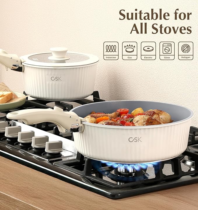 KOCH SYSTEME CS 17pcs Pots and Pans Set Non Stick, Nonstick Ceramic Cookware Set Detachable Handle, Induction Kitchen Pot and Pan Set, Non Stick with Removable Handle, RV Cookware Set, Cream White
