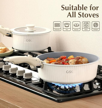 KOCH SYSTEME CS 17pcs Pots and Pans Set Non Stick, Nonstick Ceramic Cookware Set Detachable Handle, Induction Kitchen Pot and Pan Set, Non Stick with Removable Handle, RV Cookware Set, Cream White