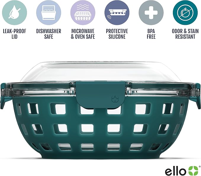 Ello DuraGlass Food Storage Glass Lunch Bowl Container - Meal Prep Container with Silicone Sleeve and Airtight Lid, 5 Cup, Teal