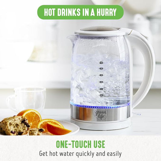 GreenLife 1.7 Liter Glass Electric Kettle, Easy One Touch Use, Quick Heating, Filtered Spout, LED Base, Auto Shut-Off, Cordless Serving, Coffee and Tea, White