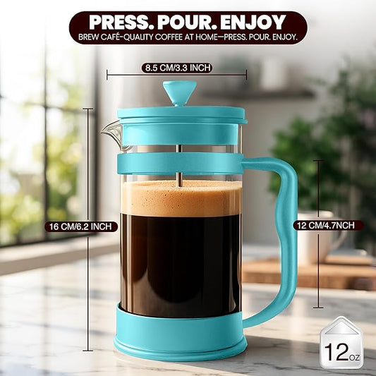 Utopia Kitchen 12 oz Glass French Press, French Press Coffee Maker, Tea Press, Triple-Layer Filter for Smooth Brew, Heat-Resistant Borosilicate Glass, Stainless Steel Plunger, Aqua