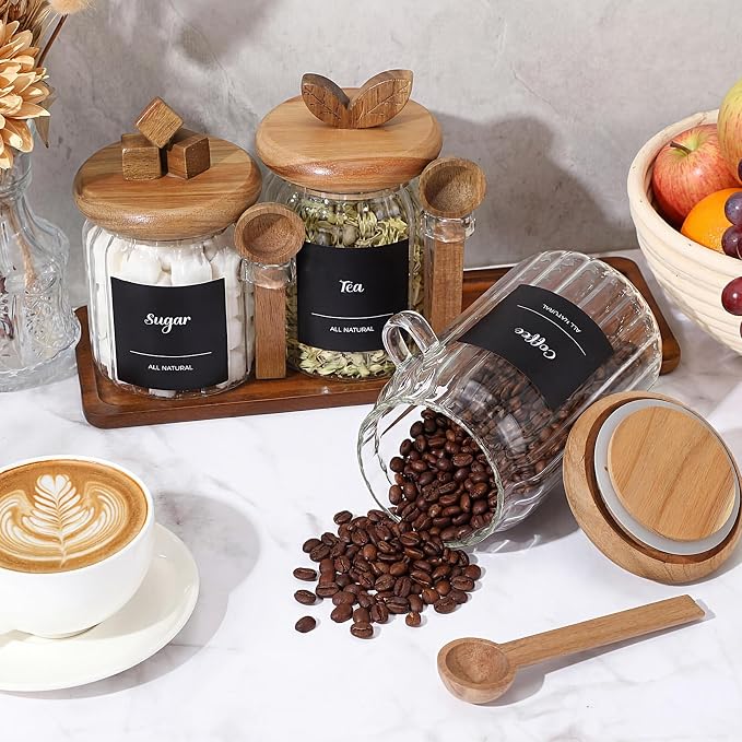 Suclain 3 Pcs Glass Coffee Container with Acacia Wood Lid & Spoon, 25oz, 20.3oz, 15oz Airtight Glass Jar with Wooden Shelf, Food Storage Containers Coffee Jar Tea Container(Acacia Color)