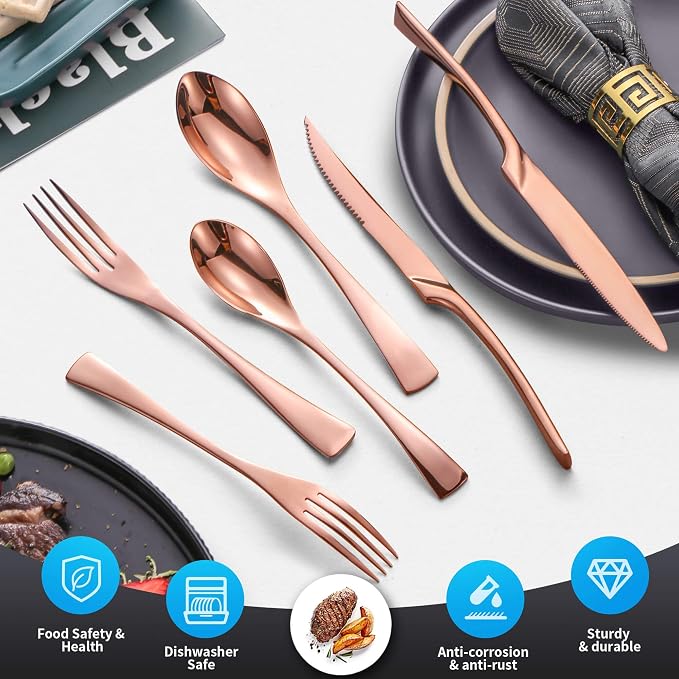 Lemeya 24-Pieces Rose gold Silverware Set with Steak Knives,Heavy Duty 18/10 Stainless Steel Flatware Set for 4,Modern Cutlery,Mirror Polished,Dishwasher Safe