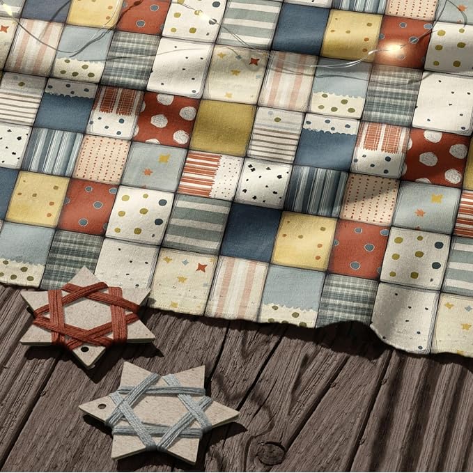 Soft Neutral Patchwork Cotton Fabric Panel 61 x 36.6 Inches, Minimal Geometric Quilt Pattern, Beige Blue Mustard Tones, 100% Cotton 140 GSM