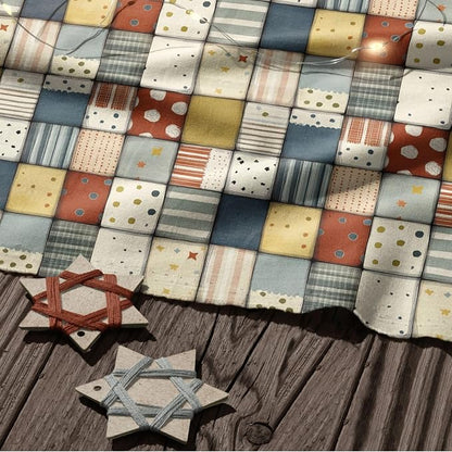 Soft Neutral Patchwork Cotton Fabric Panel 61 x 36.6 Inches, Minimal Geometric Quilt Pattern, Beige Blue Mustard Tones, 100% Cotton 140 GSM