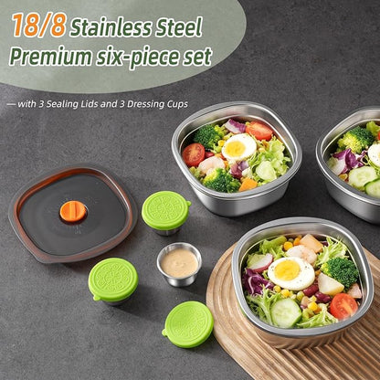 Tanjiae 3-Pack 50 oz Large Stainless Steel Salad Bowl To Go for Lunch, Salad Containers with Airtight Lid & Dressing Cups, Portable Metal Salad Bowls for Lunch, Travel, Meal Prep, Food Storage