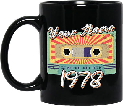 Personalized Vintage Cassette Tape Vintage 1978 Mug, Custom Your Name, 1978 Retro Coffee Mug, 44th Birthday Present Gifts, 1978 Birthday Gift For Friends Family, Customizable Black Tea Cups