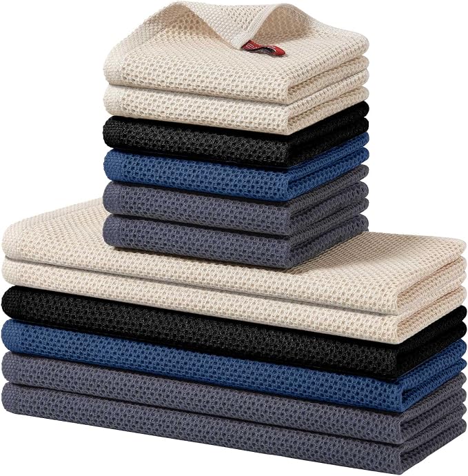 Homaxy 100% Cotton Kitchen Towels and Dishcloths Set, 12 x 12 Inches and 13 x 28 Inches, Set of 12 Bulk Kitchen Towels Set, Ultra Soft Absorbent Dish Cloths for Washing Dishes, Grey/Beige/Blue/Black